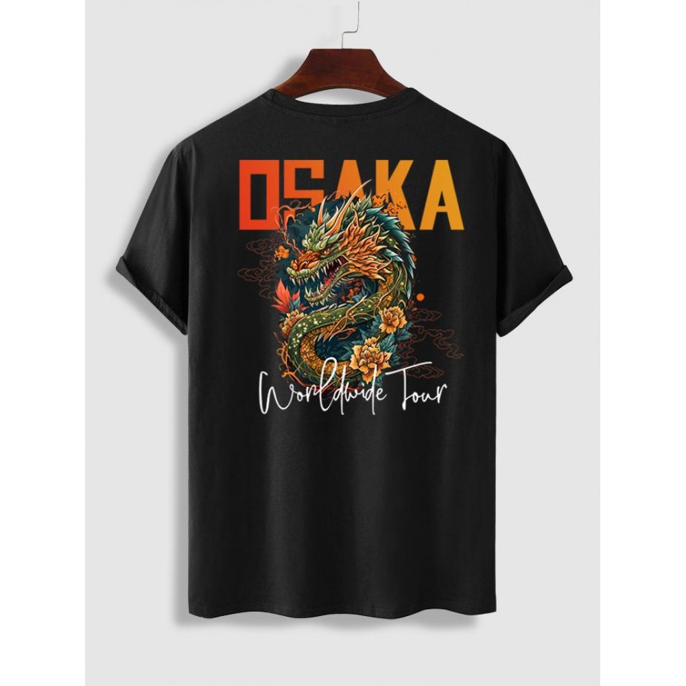 OSAKA Letter Dragon Graphic Pattern Short Sleeves Basic Tee OSAKA Letter Dragon Graphic Pattern Short Sleeves Basic Tee