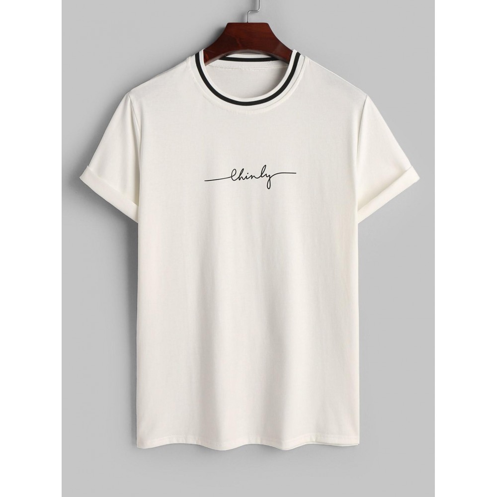 Letter Print Contrast Striped Collar T Shirt Letter Print Contrast Striped Collar T Shirt