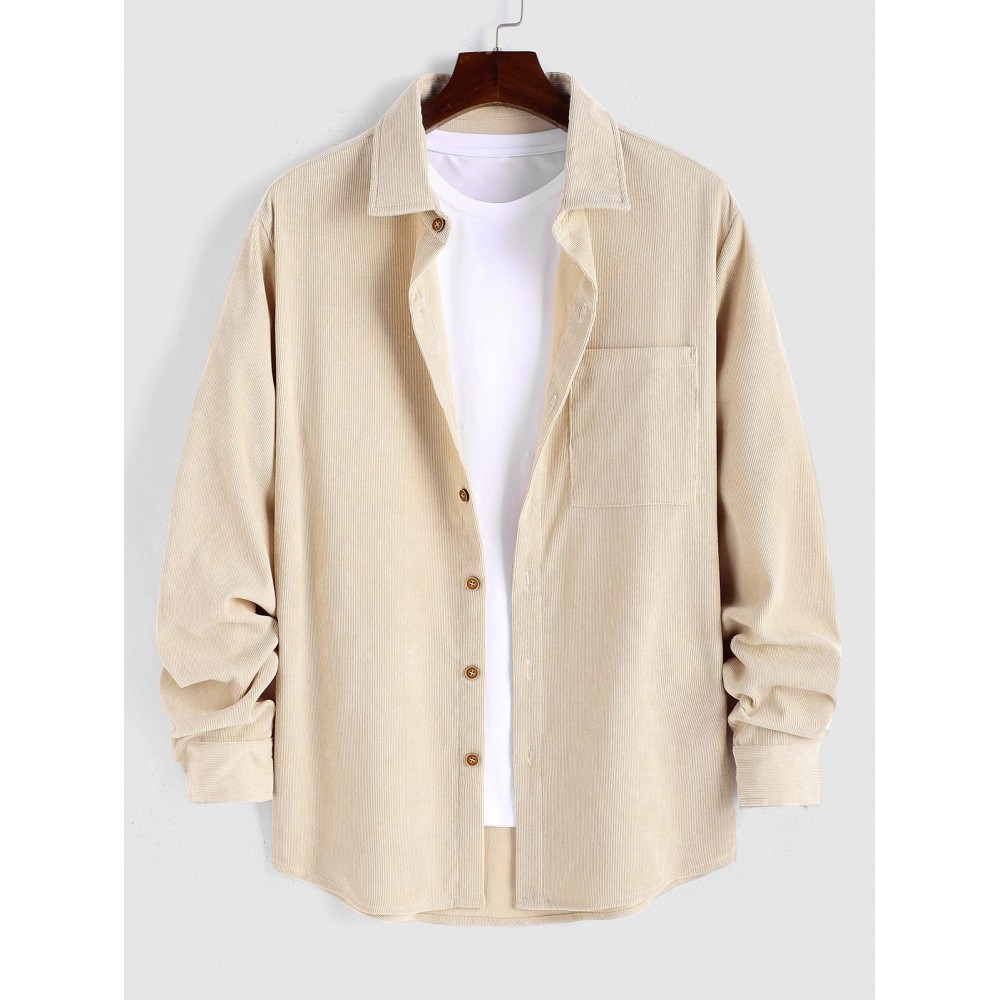 Men's Plain Color Front Pocket Design Button Down Long Sleeves Corduroy Shirt Men's Plain Color Front Pocket Design Button Down Long Sleeves Corduroy Shirt