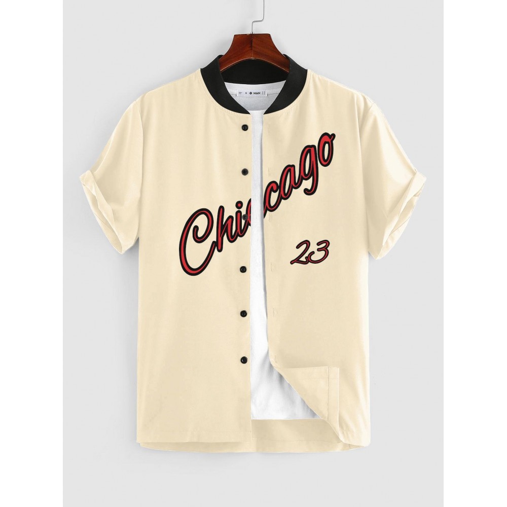 Men's Chicago Graphic Letter Print Short Sleeve Stand Collar Button Up Casual Baseball Shirt Men's Chicago Graphic Letter Print Short Sleeve Stand Collar Button Up Casual Baseball Shirt